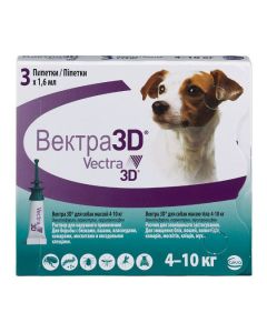 dinotefuran, permethrin, pyryproksyfen - Vectra 3D insect-acaricidal drops for dogs weighing 4-10 kg 1.6 ml pipettes 3 pcs. (BET) newyork Pharmacy Online - newyork.buy-pharm.com